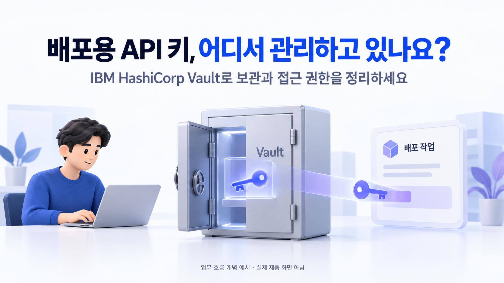 Vault에서 승인된 배포 작업으로 API 키를 전달하는 설명용 개념 이미지. 실제 제품 화면·고객 사례가 아닙니다.